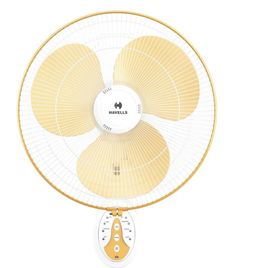 Havells Platina 400mm Energy Saving with Remote Control BLDC Wall Fan (White Yellow, Pack of 1)